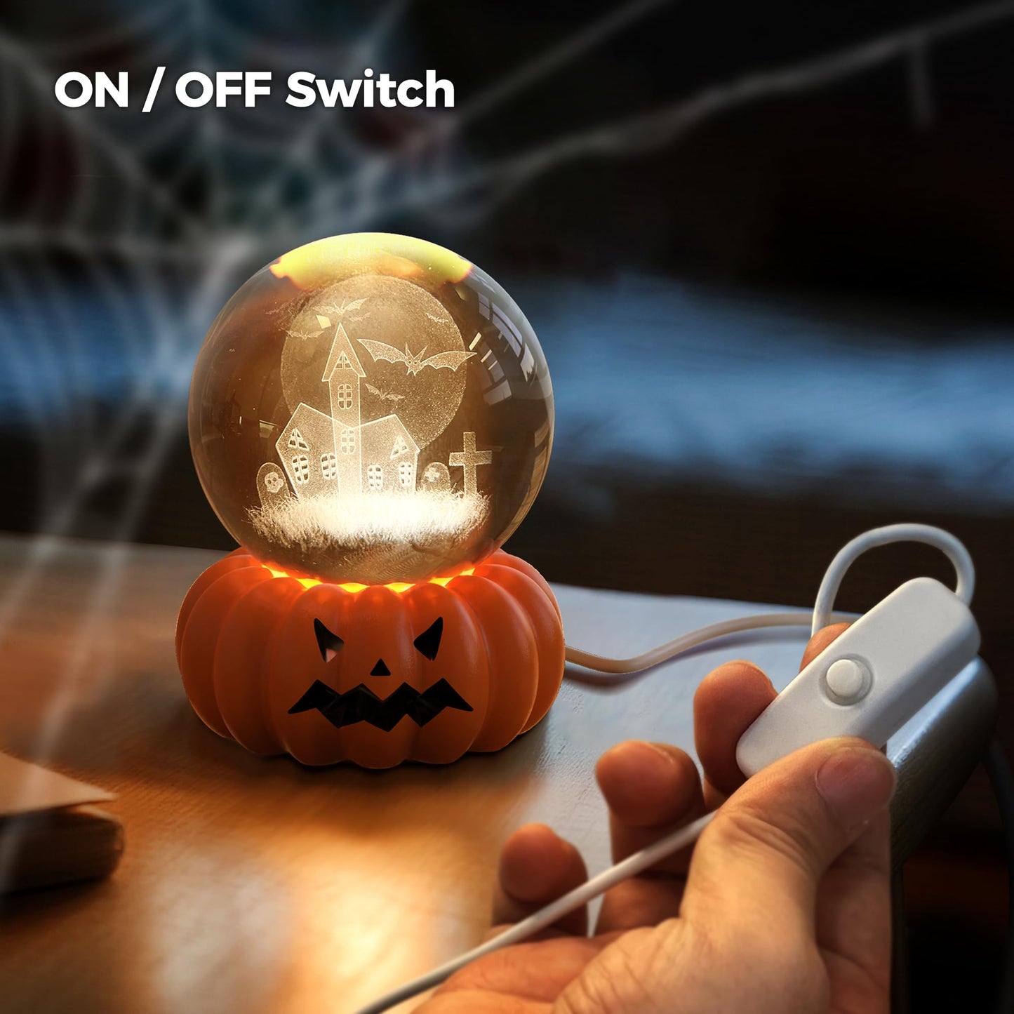 Briignite LED 3D Crystal Ball Night with Pumpkin Switch Light Base, Funny Halloween 3000K Warm Night Light for Kids Room Holiday Party Decor and Gift