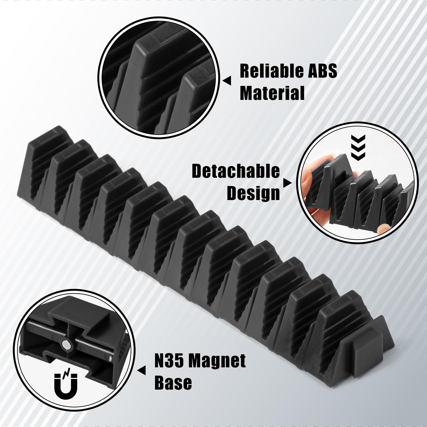 GQIRIL Magnetic Modular Wrench Organizer - 48PCS Magnet Wrench Rack for Tool Box Drawer Storage, Tool Organization Holder with Metric & SAE Labels, Workshop Gift for Mechanics Men Father (Black)
