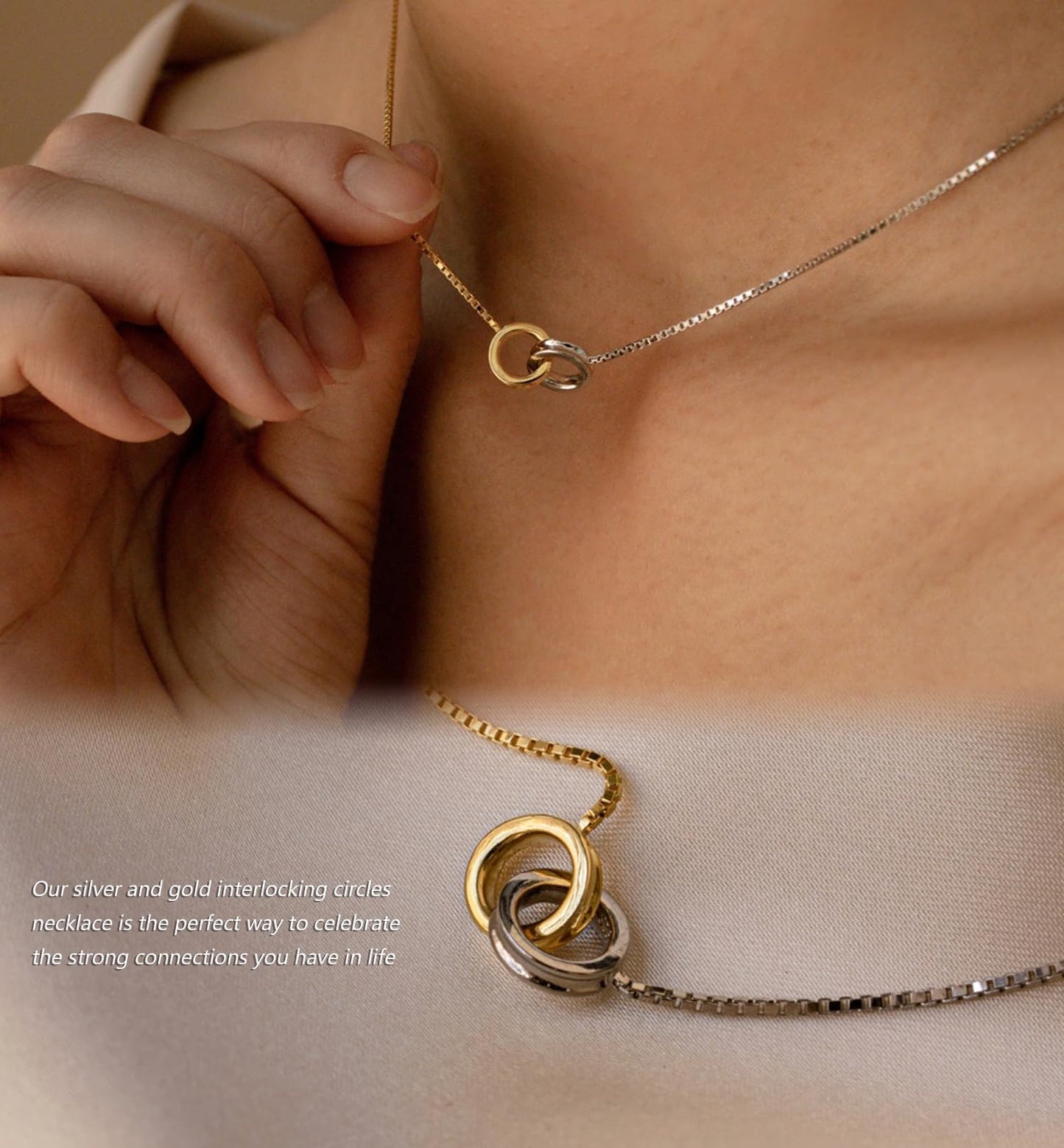 NUZON 2-Tone Interlocking Double Circle Necklaces for Women Infinity Mixed Gold & Silver Ring Pendant Stainless Steel Jewelry Best Friends 16’’