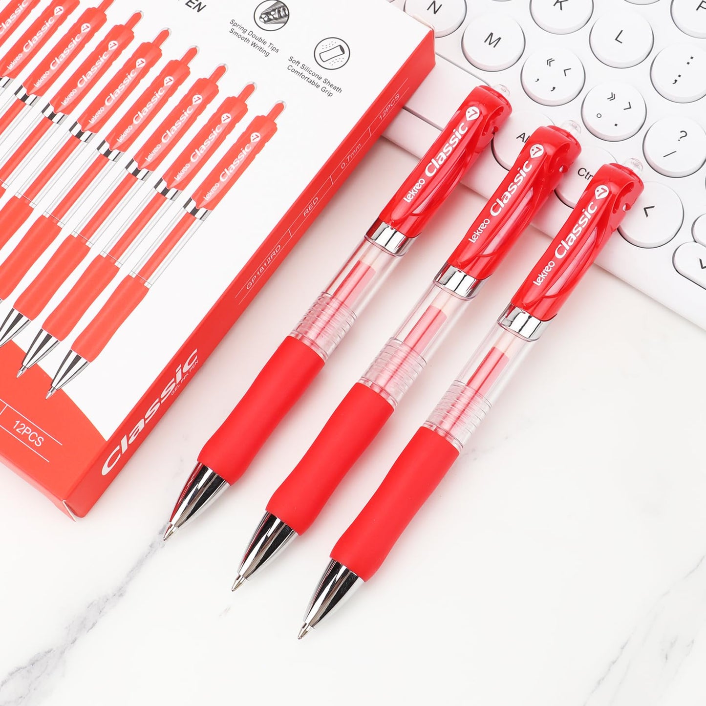 Classic Retractable Gel Roller Pens, 0.7mm Fine Point, Red Ink (Red - 12 Packs)