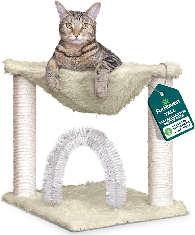 Furhaven 15.75" Tall Playground for Indoor Cats, Ft. Sisal Scratching Posts, Self-Grooming Brush, & Toy - Tiger Tough Hammock Interactive Playground - Silver, One Size