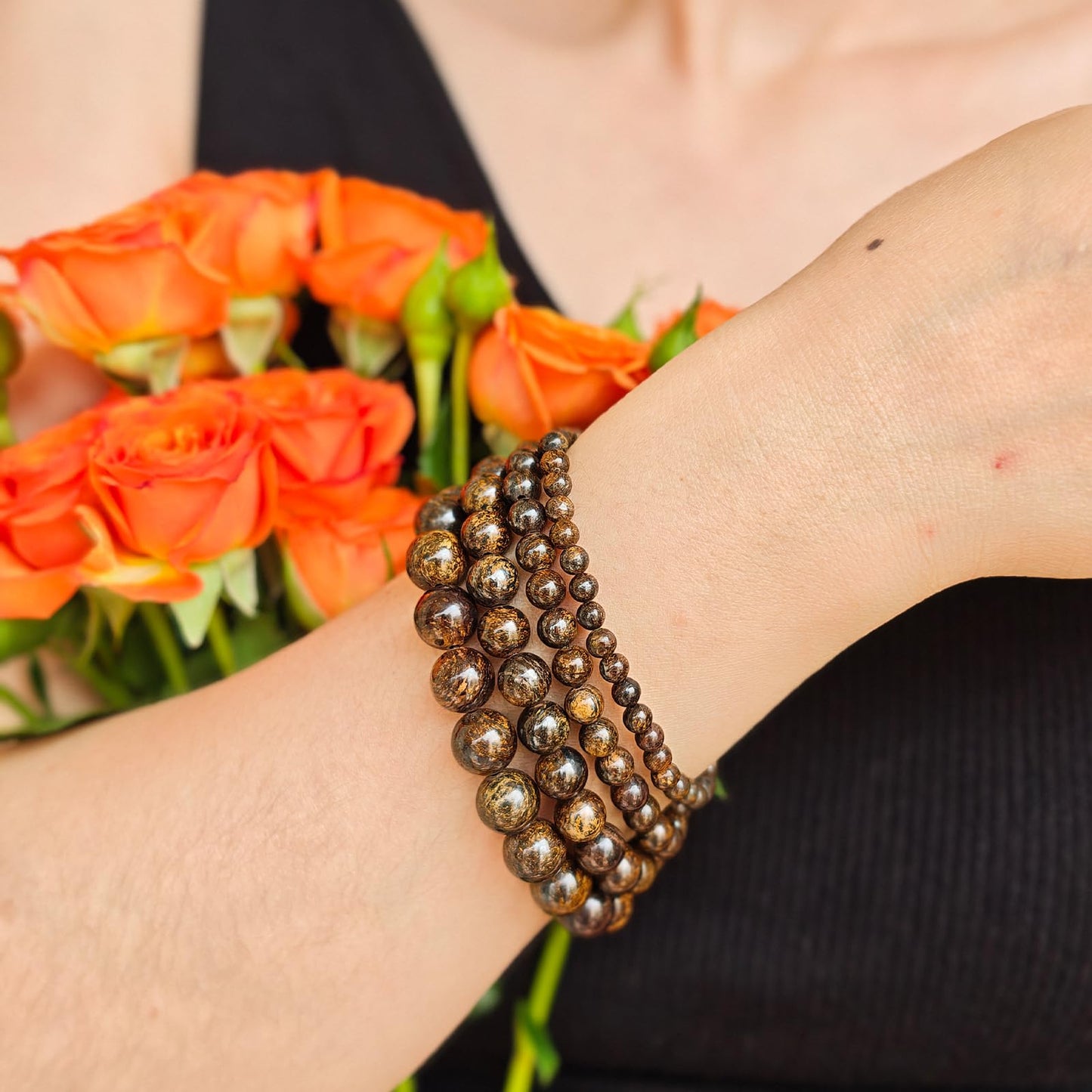Handmade Natural Gemstone Elastic Bracelet - Healing Crystal Beads Jewelry, Unisex (Bronzite, 8mm)