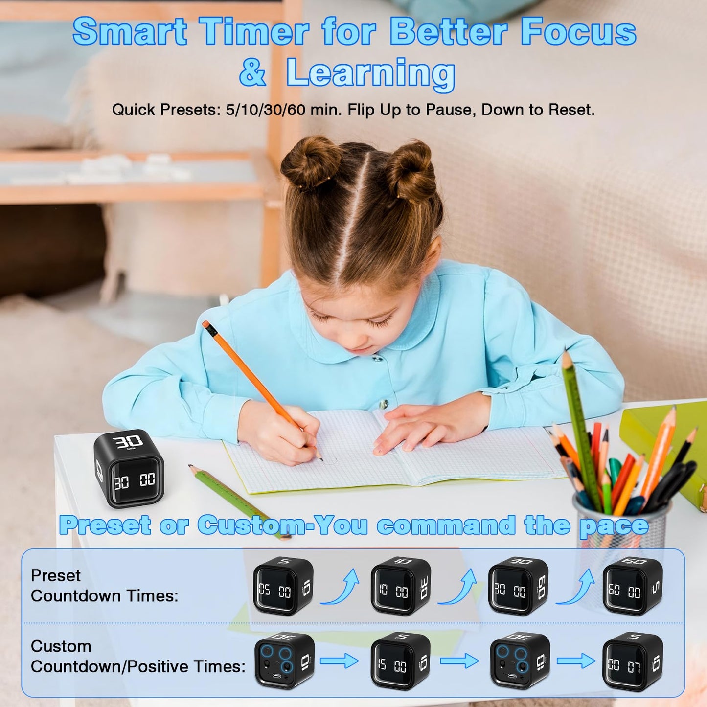 Cube Pomodoro Timer, Desk Productivity Timer 5/10/30/60 Minutes & Custom Countdown, Adjustable & Silent Visual Timer, ADHD Tool Flip Rotating Portable Multi Timers for Study Task Work Kitchen School