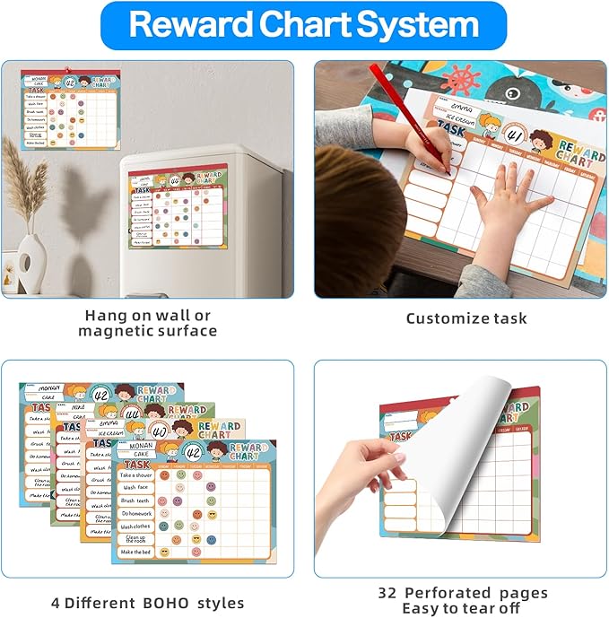 Boho 32 Chore Charts Behavior Reward Chart System,Sticker Chore Chart Pad for Kids with 2328 Stickers, 12.2" x 9.8" Magnetic Reward Chart to Develop Responsibility & Good Habits.