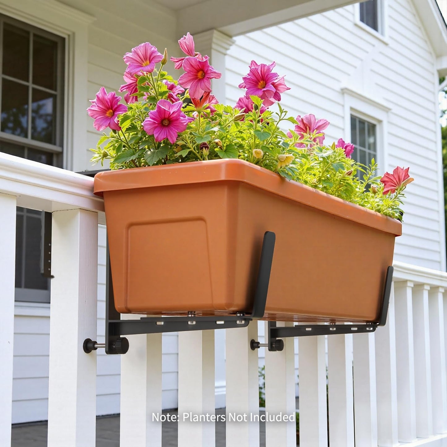 VOXOR Window Box Brackets, Adjustable Planter Box Brackets, Heavy Duty Iron Flower Box Brackets for Railings, with Enhanced Bottom Support - Perfect for Balconies, Fences, and Gardens (Black, 4 Pack)