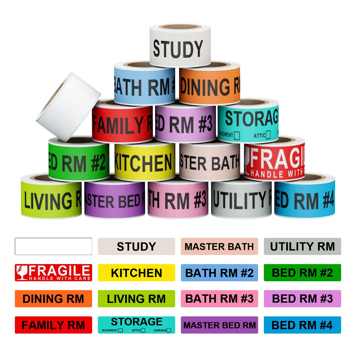 Misofuki 16 Rolls 960 Pcs 1"x4.5" Color Coded Moving Labels Stickers for Boxes with 4 Bedroom Labels - Can Stick on Furniture Directly, NOT Recommended for Rough Surfaces, Such as Carton