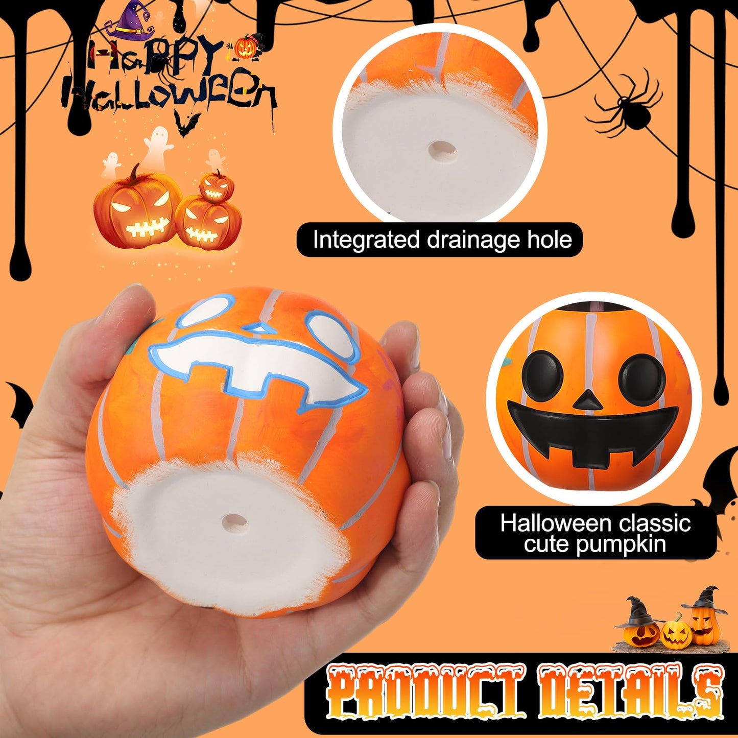 Suzile 6 Pack Halloween DIY Ceramic Craft Devil Pumpkin Succulent Pots with Drainage 3.5 Inch Unpainted Small Pumpkin Ceramic Planter Kit Halloween Decor Craft Activity Gift (Plants Not Included)