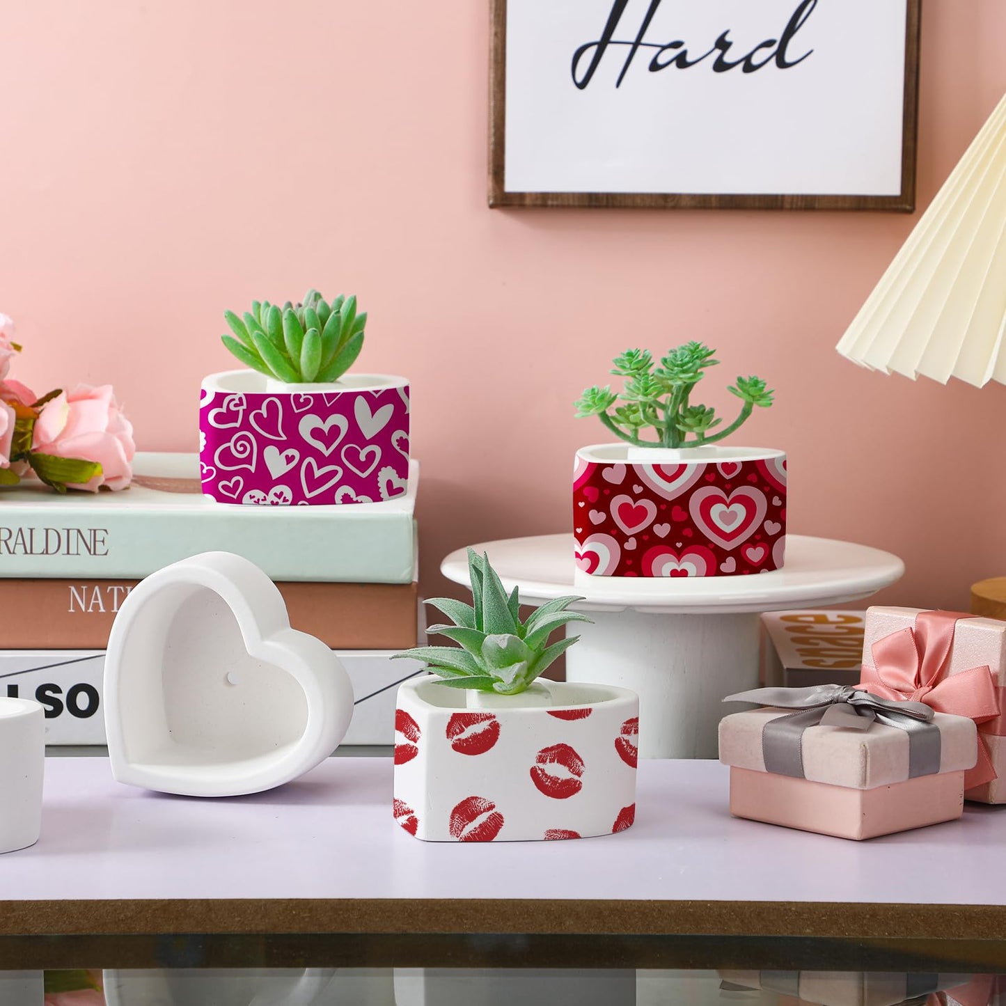 Beeveer 12 Pcs DIY Craft Kits Make Your Own Ceramic Succulent Planters Paintable Heart Shaped Decoration, and Ceramic Succulent Planters Kit for Mother's Day from Daughter Son