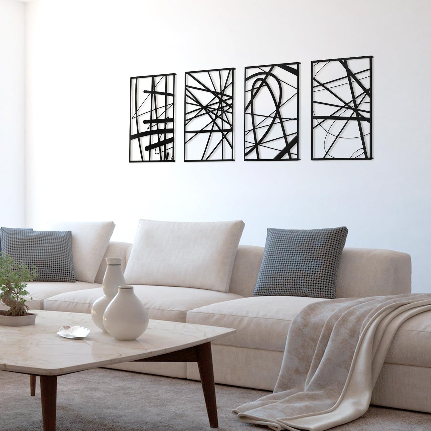 Art3dwallpanels Black Abstract Wall Art, Metal Single Line Art Wall Decor, 3D Textured Sculptures, Modern Decor for Living Room Bedroom Bathroom Study, 17'' x 12'', 4 Pack