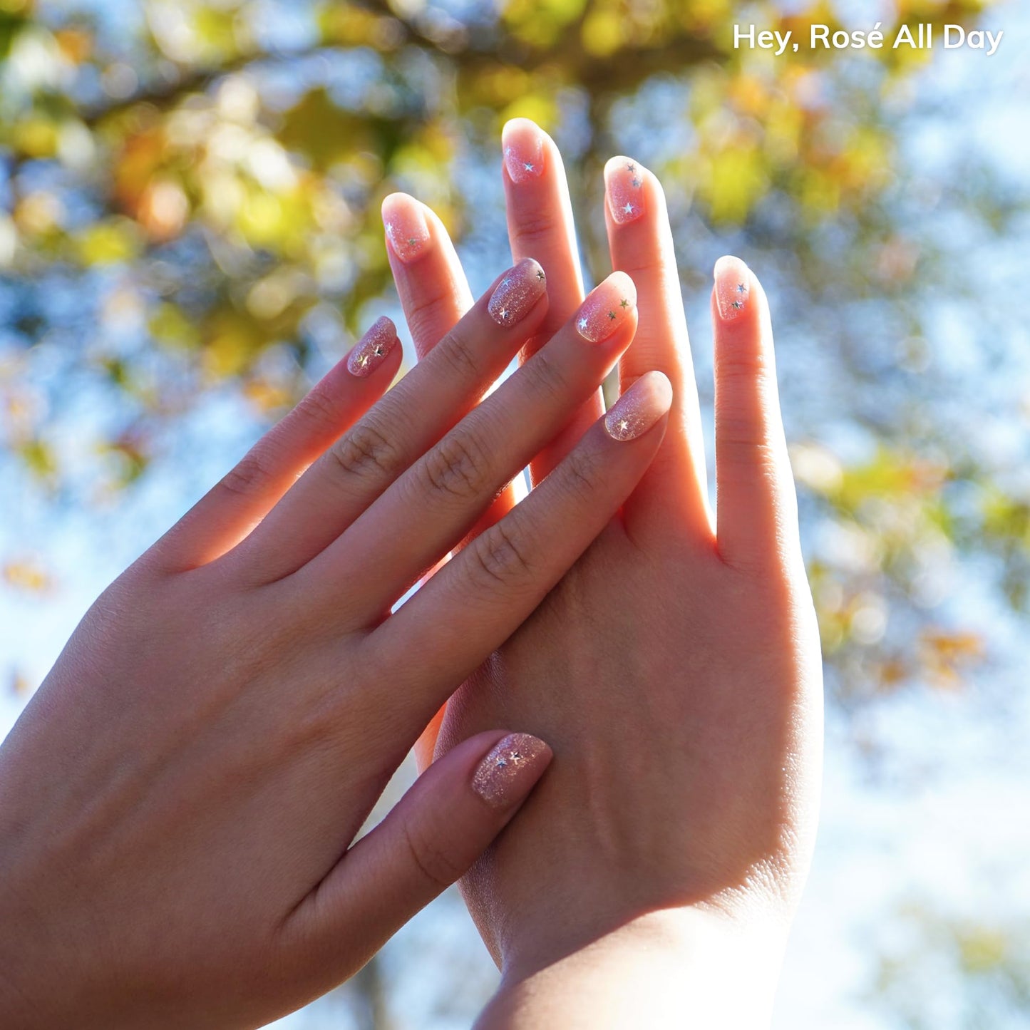 Heyhae Semi Cured Gel Nail Strips | No LED Lamp Needed | Glitter, Pink | Easy Apply & Remove, Salon Quality | Includes 28 Strips, 1 Prep Pads, Nail File & Wooden Stick - Hey, Rosé All Day