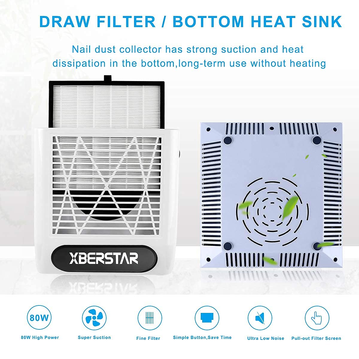 XBERSTAR Nail Dust Collector,80W Electric Powerful Vacuum Cleaner for Acrylic Gel Nails,Manicure recolector de polvo para uñas