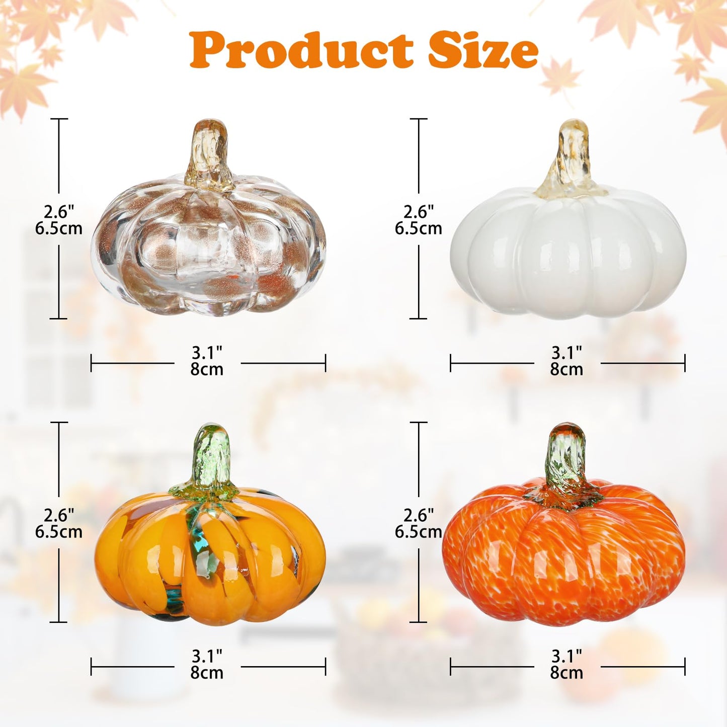 Glass Pumpkin Fall Decor Set – 4 PCS Handblown Pumpkins for Autumn Decorations, Halloween, Thanksgiving, Harvest Table Centerpiece, Mantel Fall Accents