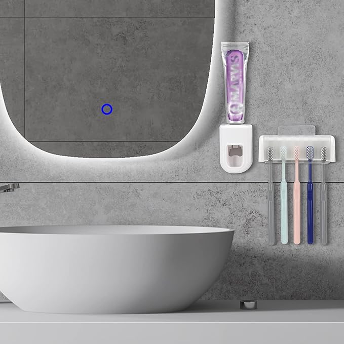 5 Slots Wall Mount Toothbrush Holder with Cover, Self Adhesive Toothbrush Storage Organizer for Shower, Toothbrush Hanger with Automatic Toothpaste Squeezer Dispenser