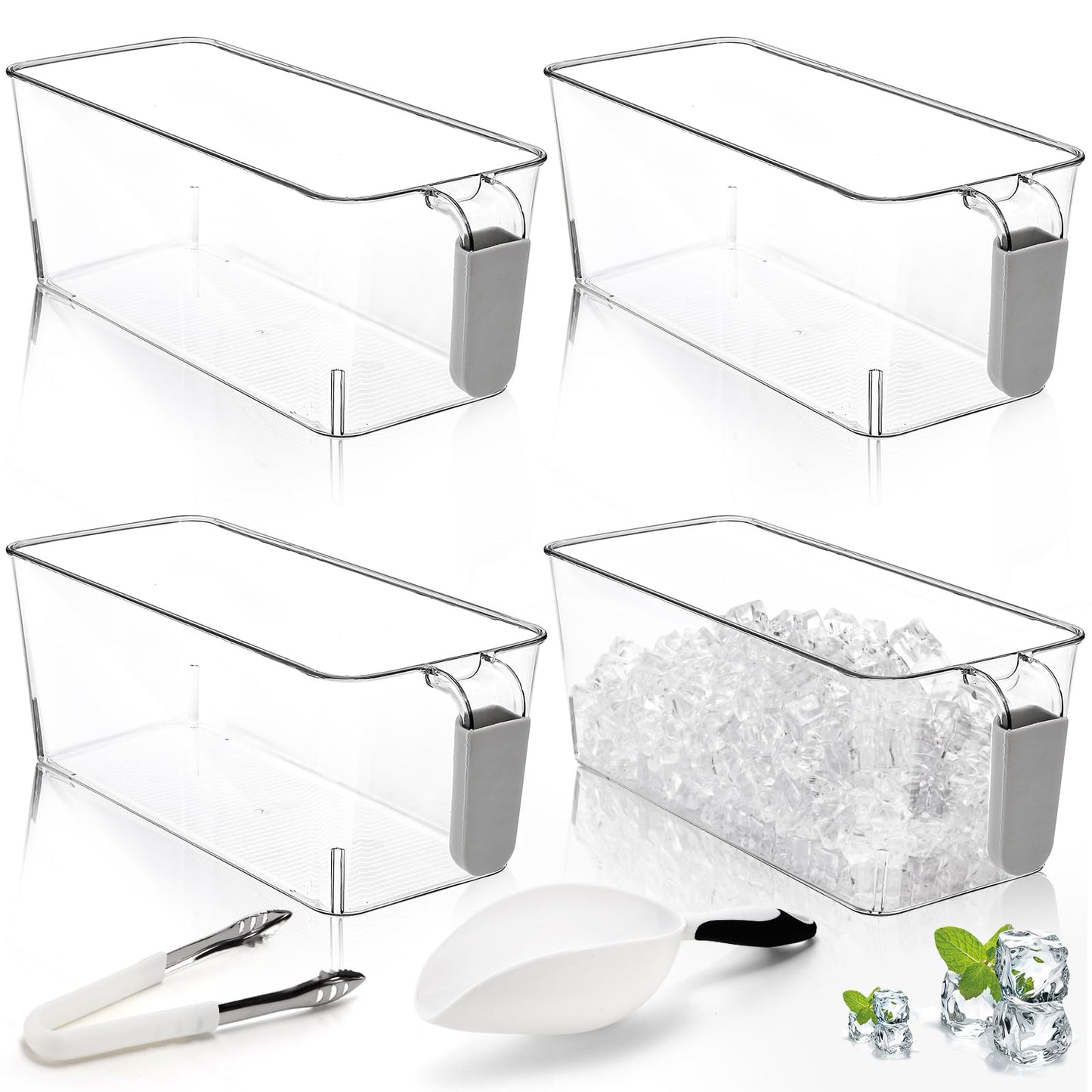 Pumtus 4 Pack Clear Ice Bins for Freezer, Plastic Ice Bucket with Flexible Scoop & Ice Tong, Pull Out Handle Ice Container, Kitchen Food Storage Organizer, Pantry Canister for Wine Beverage Fruit