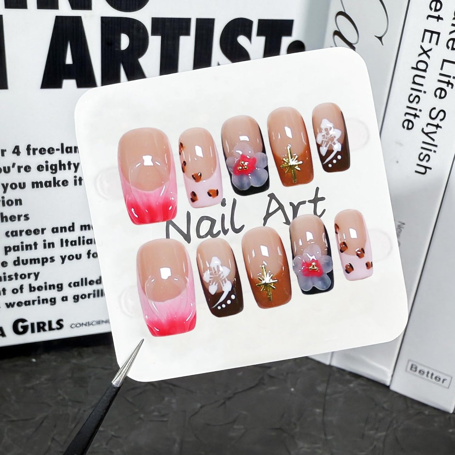 10 Pcs Press on Nails Handmade Square Fake Nails with 3D Flower Designs Gradient French Tip False Nail Luxury Glossy Short Acrylic Nails Press ons Reusable Stick on Nail for Women (S)