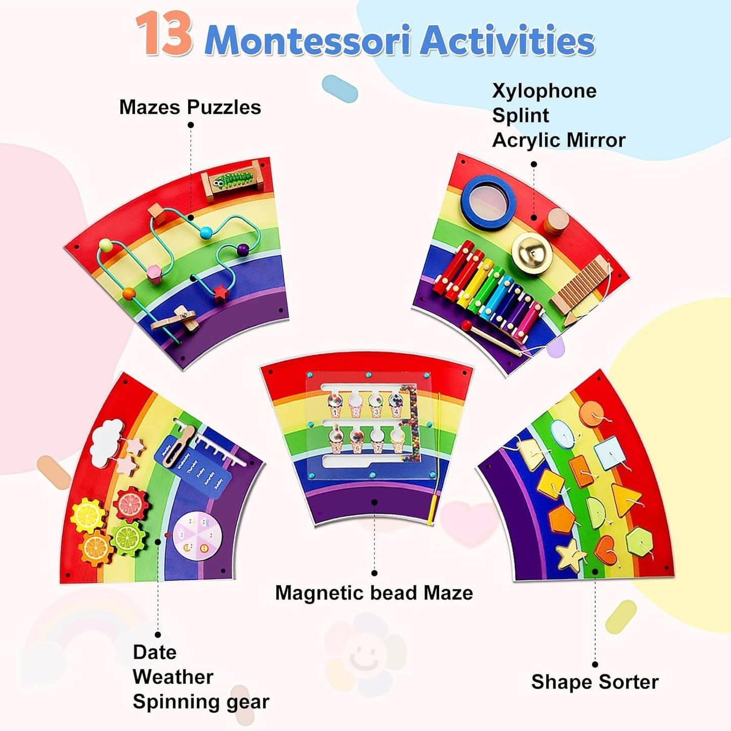 Sinpedex Rainbow Wall Busy Board for Kids: Wooden Montessori Activity Panel | 13-in-1 Sensory Learning Toys for Fine Motor Skills - Playroom & Nursery Essentials for Toddlers