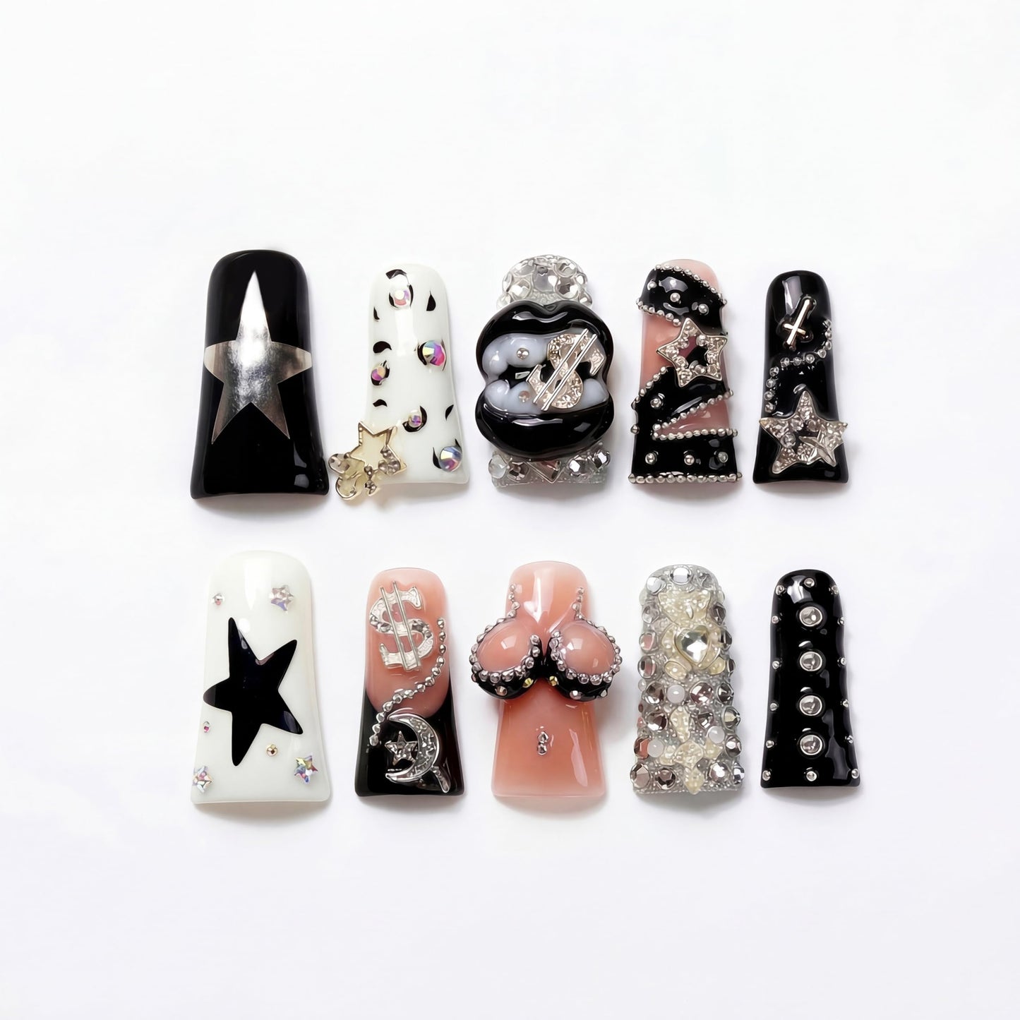 IntoVibes 10 Pieces Luxury Acrylic Press On Nails Long Handmade Duck Nails, White And Black Thickened False Nails, Exaggerated Lips And 3D Dollar Sign, Reusable Fake Nails, Acrylic Nails (L)
