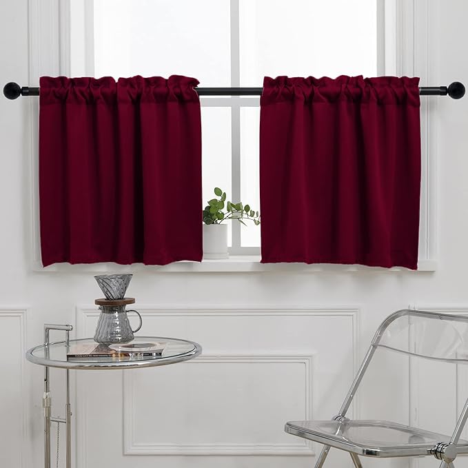 Pickluc Burgundy Cafe Half Window Curtain - 24" Length, Rod Pocket, Blackout for Small Windows, 30" Wide x 24" Long, 2 Panels