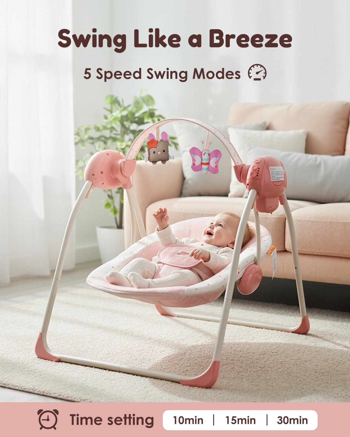 Baby Swings for Infants, Tiny Marvels Portable Swing with Adaptable Speed, Music, Removable-Toy-Bar, Foldable Infant Swing for Indoor and Outdoor Use, 0-9 Months 6-20 lbs(Blush Bloom)