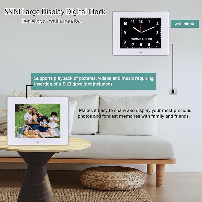 SSINI Dementia Clock Large Digital Calendar for Seniors with Date and Time - Elderly Digital Clock Large Display, 12 Custom Alarms (8 Inch)