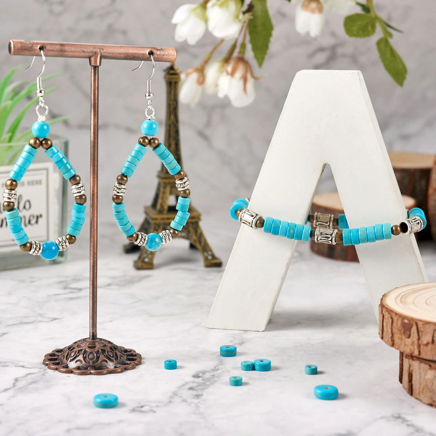 900Pcs Natural Blue Turquoise Beads Turquoise Heishi Disc Beads 4.5/6/8mm Flat Round Gemstone Bead for Women Bohemian Earring Bracelet Jewelry Making