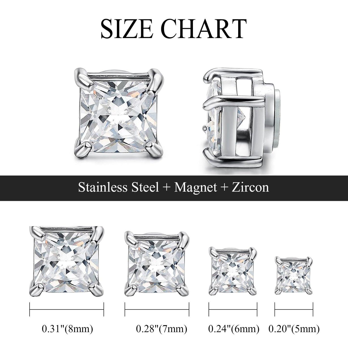 Magnetic Non-piercing Clip On Earrings: Stainless Steel 5-8mm Square CZ Inlay Round Fake Cheater Studs for Men Women, 4 Pairs Silver