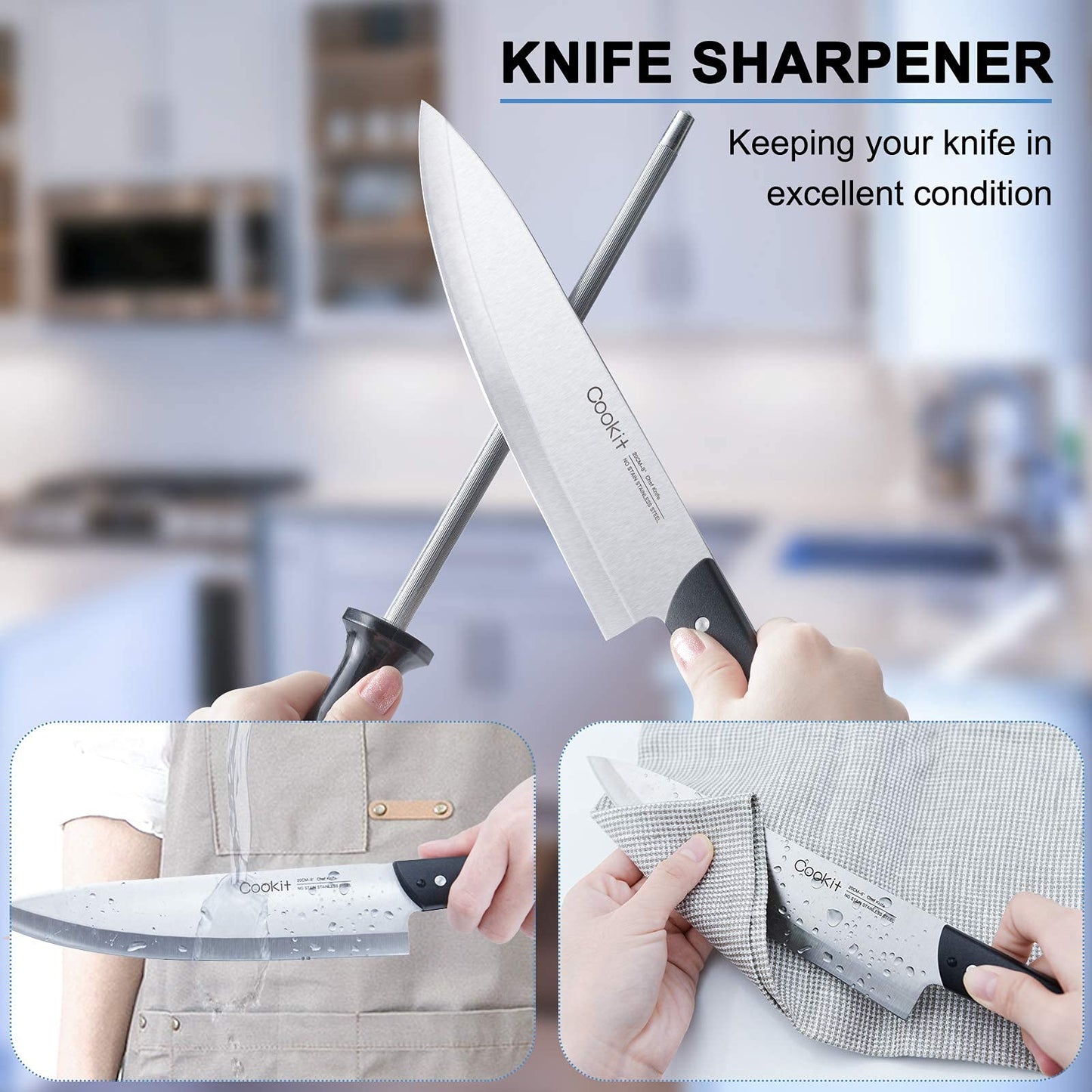 Knife Set with Block, Cookit 15 Pieces Kitchen Knife Set with Pine Block Holder, Knife Block Set with Sharpener, High Stainless Steel Knives with Comfortable-Grip ABS Handles