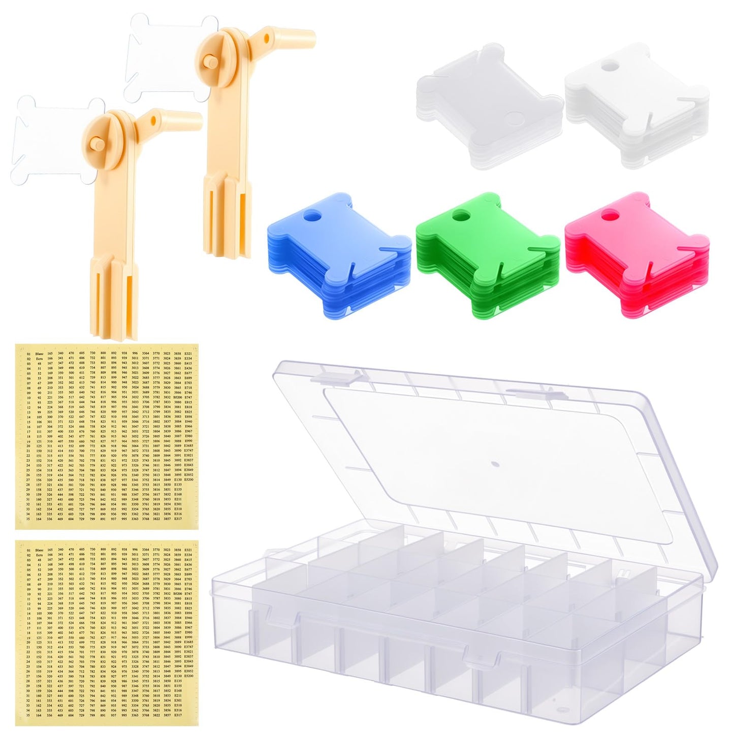 Complete Embroidery Floss Organizer Kit: 2 Removable 24-Grid Thread Storage Boxes with 300 Bobbins, 2 Winders & Labels - Ultimate Embroidery Thread Organizer for Cross Stitch & DIY Crafts