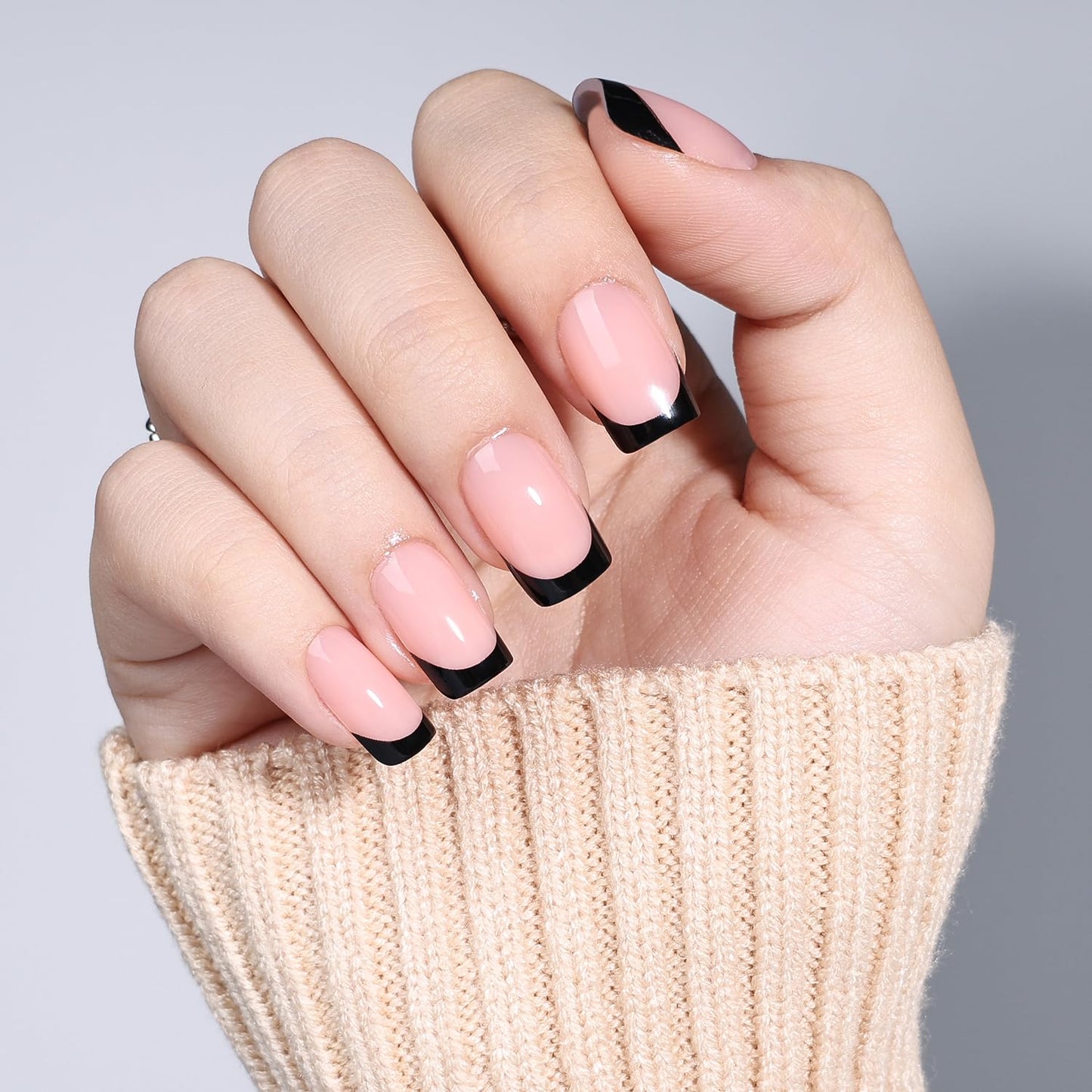 Black French Tip Press On Nails Square- Black Short Fake Nails, Square Press On Nails Reusable Stick On Nails in 16 Sizes, 32pcs False Nail Kit for Women & Girls