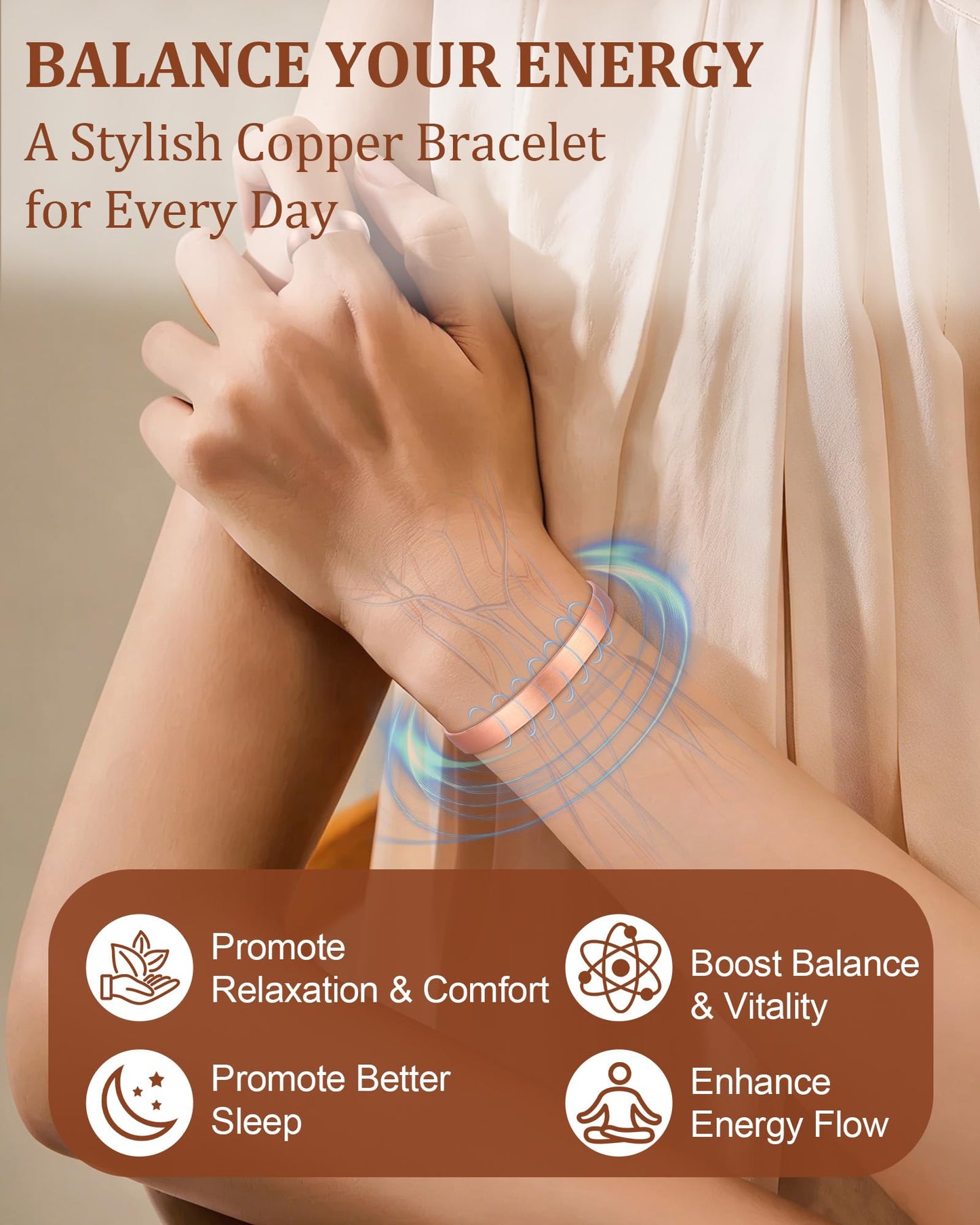 BioMag Copper Bracelet for Women Mom, 99.99% Pure Copper Cuff Bangle for Mothers Day Birthday, Adjustable Jewerly Gift