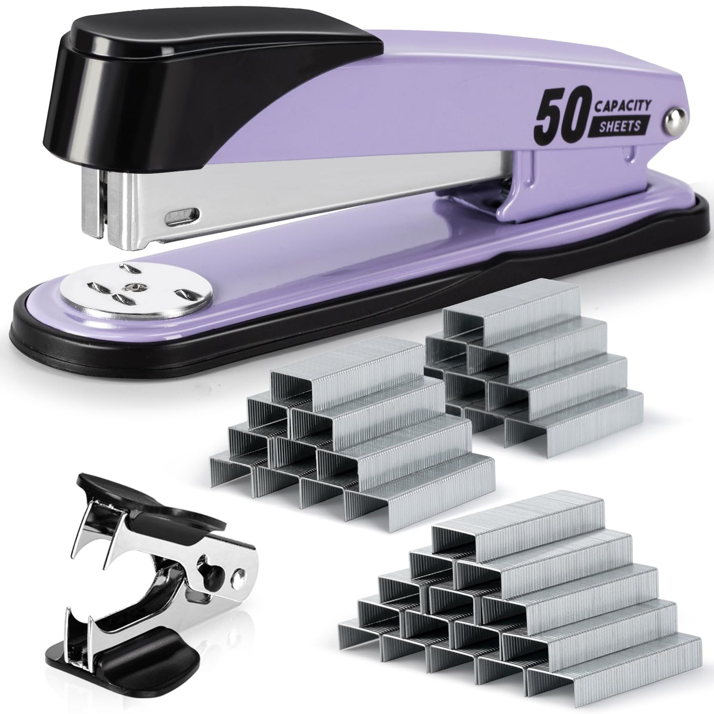 Deli Stapler Heavy Duty, Full Strip Staplers for Desk with 2000 Staples and Staple Remover, 50 Sheet Capacity, No Jam, Non-Slip Office Stapler with Staples for Office, Classroom, Purple