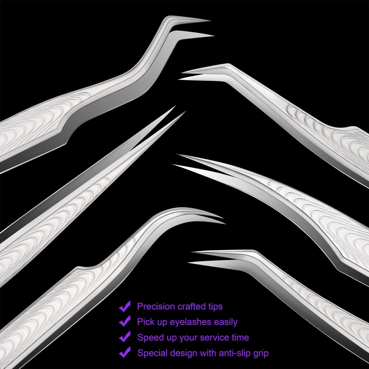 Lash Tweezers for Lash Extensions, High Precision Eyelash Tweezers Set for Individual Classic and Volume Lashes, Professional Lash Extension Tweezer Set for Lash Artists (Pack of 6, Sliver)