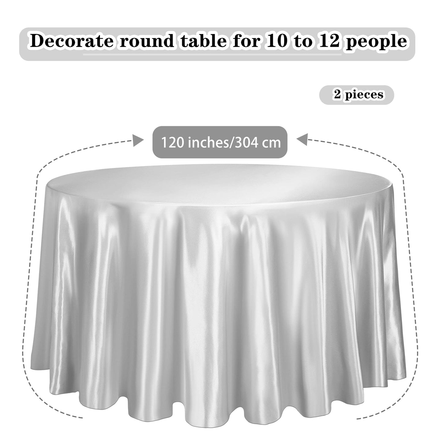 TURSTIN 2 Pieces Round Satin Tablecloth 120 Inches Overlay Table Cover Smooth Fabric Table Decor Bright Silk Tablecloth for Holiday Dinner Wedding Banquet Table Decoration (Light Silver)
