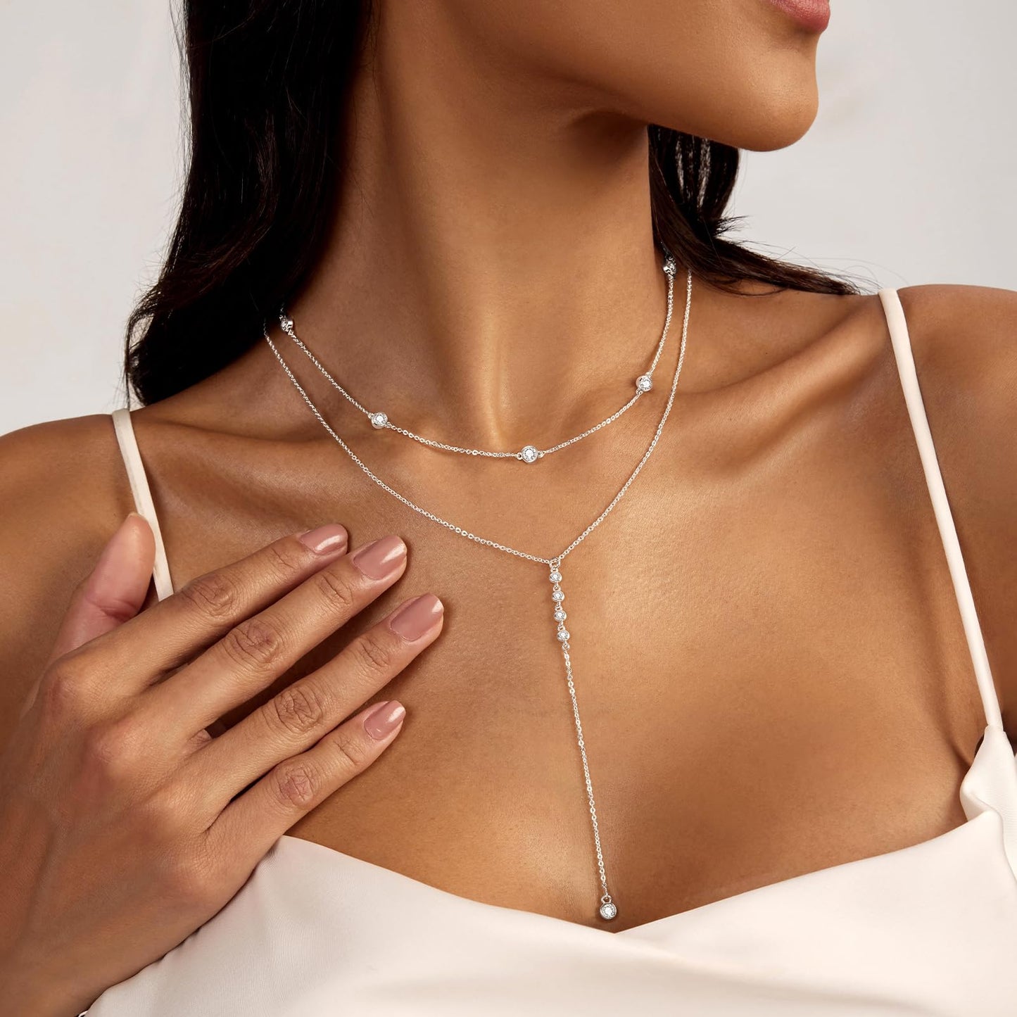 Luxval Long Silver Necklace for Women- Dainty Silver Teardrop Drop Lariat Necklace Trendy Layered Simple CZ Y-Shaped Body Chain Stack Wedding Prom Dangle Statement Necklace Jewelry Gifts