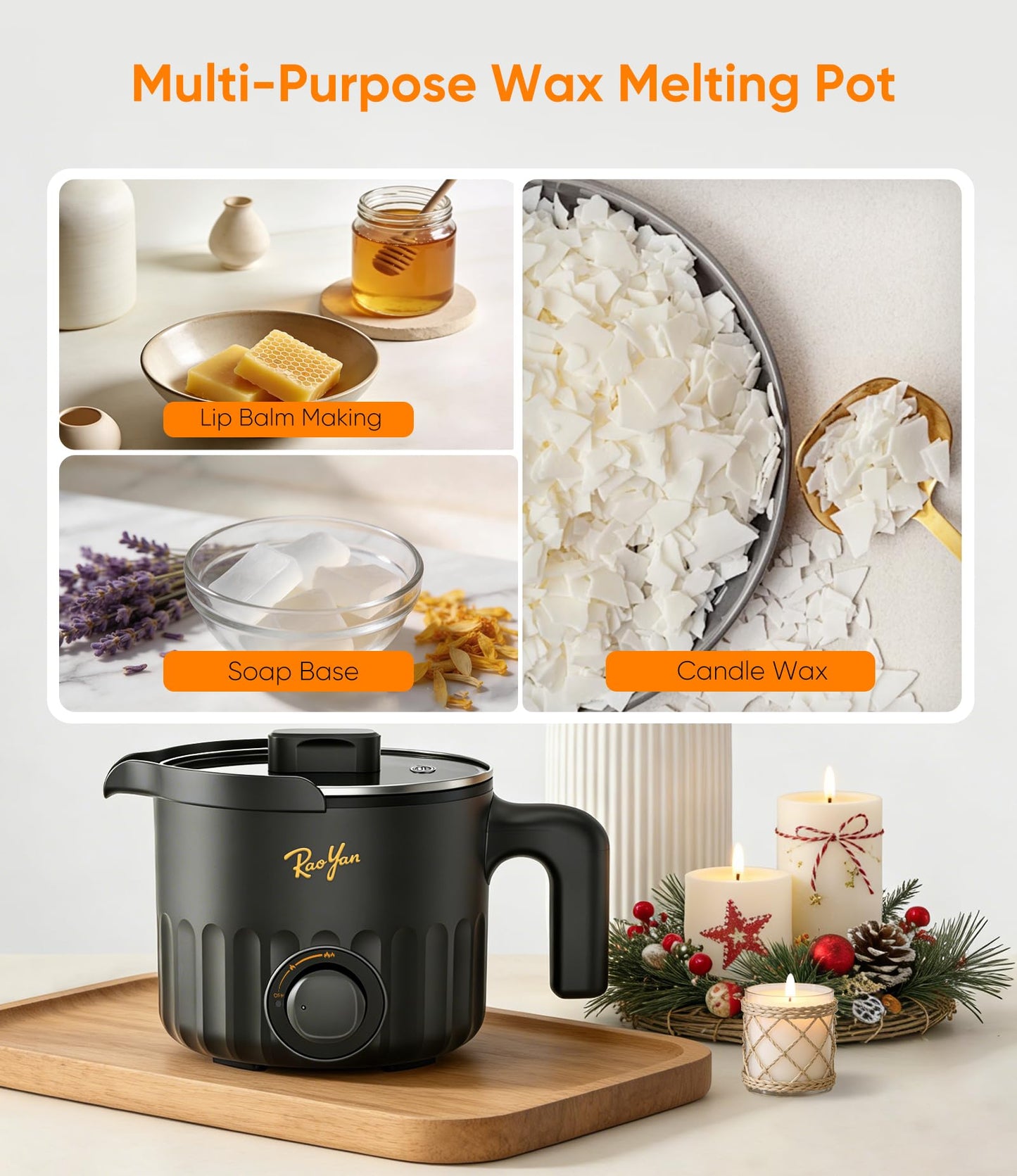 RAOYAN 1.5L Candle Wax Melter with Pour Spout, Candle Making Kit for Beginners and Adults, Wax Melting Pot for Candle Making with Stirring Spoon - Black