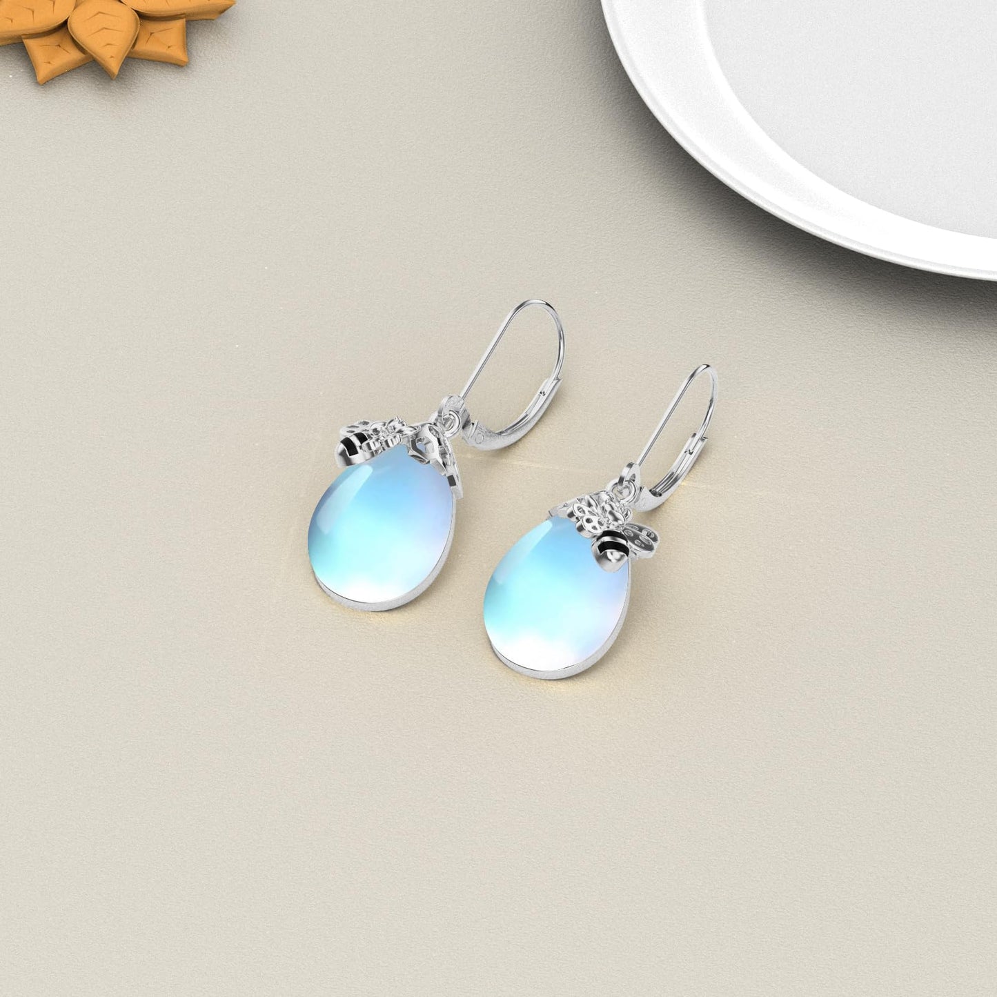 TIGERRIDER Bee 925 Sterling Silver French Clasp Earrings Moonstone Pendant Jewelry Gift for Women