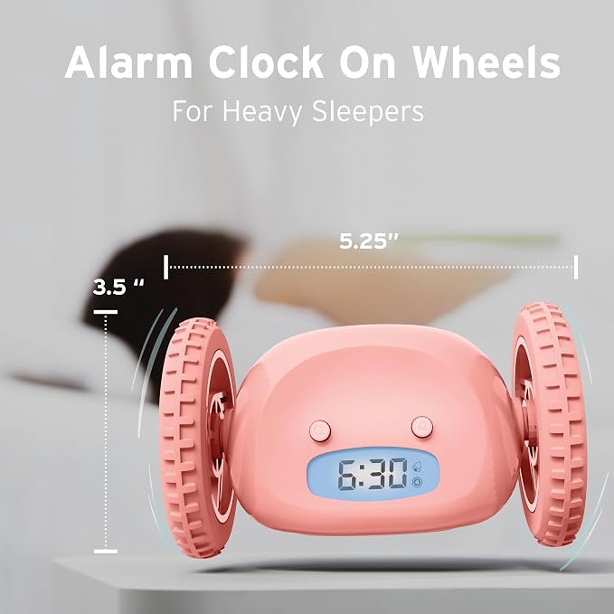 CLOCKY Extra Super Loud Alarm Clock for Heavy Sleepers Adults Kids Teens Bedroom, Move Jump Roll Run Away Easy to Set Smart Digital Alarm Clock on Wheels -Funny Gag Gift (Pink)