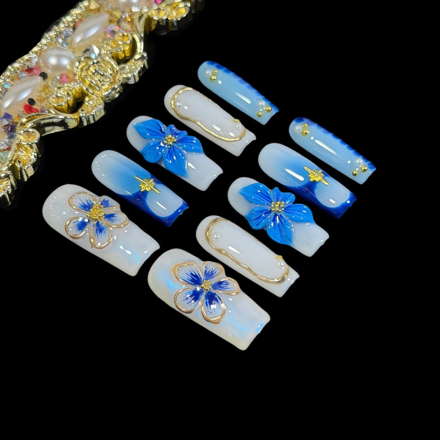 3D Handcrafted Press on Nails, Long/Medium Square Shape, Blue and White Floral, Gold Accent, Reusable Acrylic False Nails, Ocean Bloom (S)