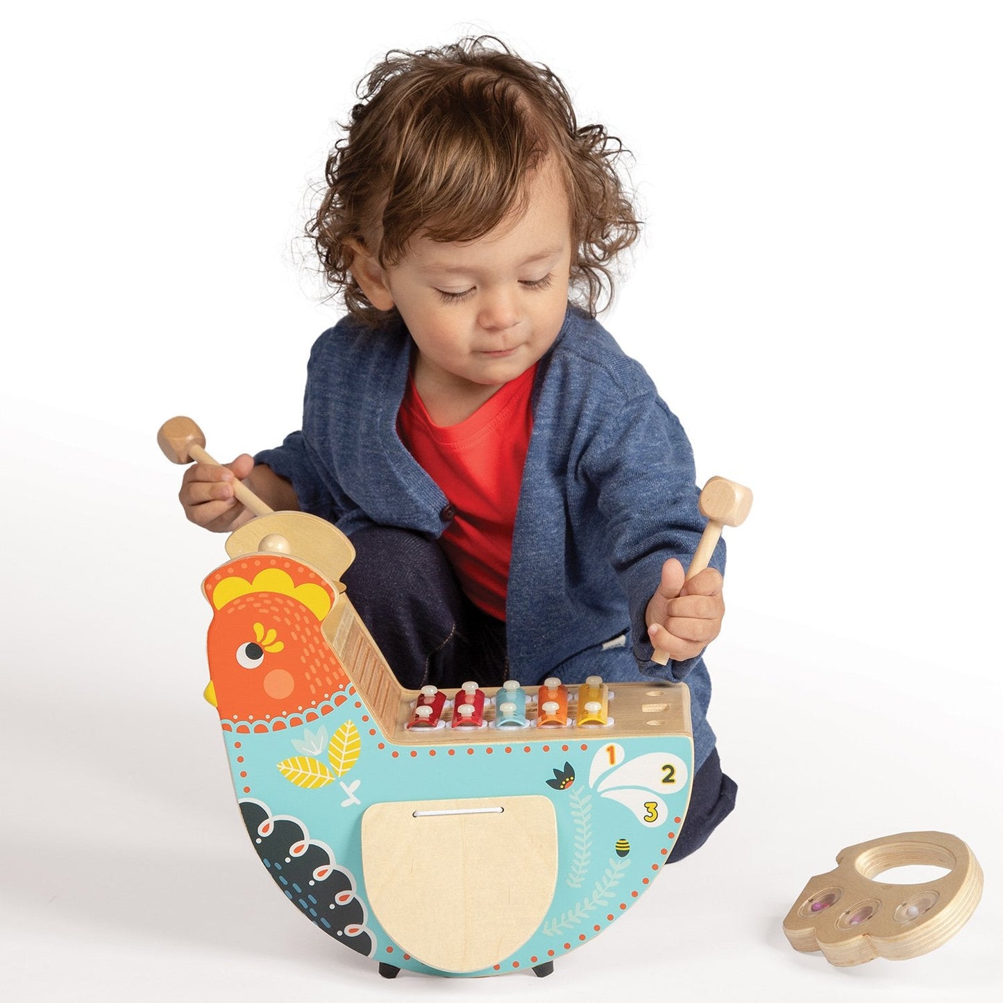 Manhattan Toy Musical Chicken Wooden Instrument for Toddlers with Xylophone, Drumsticks, Cymbal and Maraca,Blue