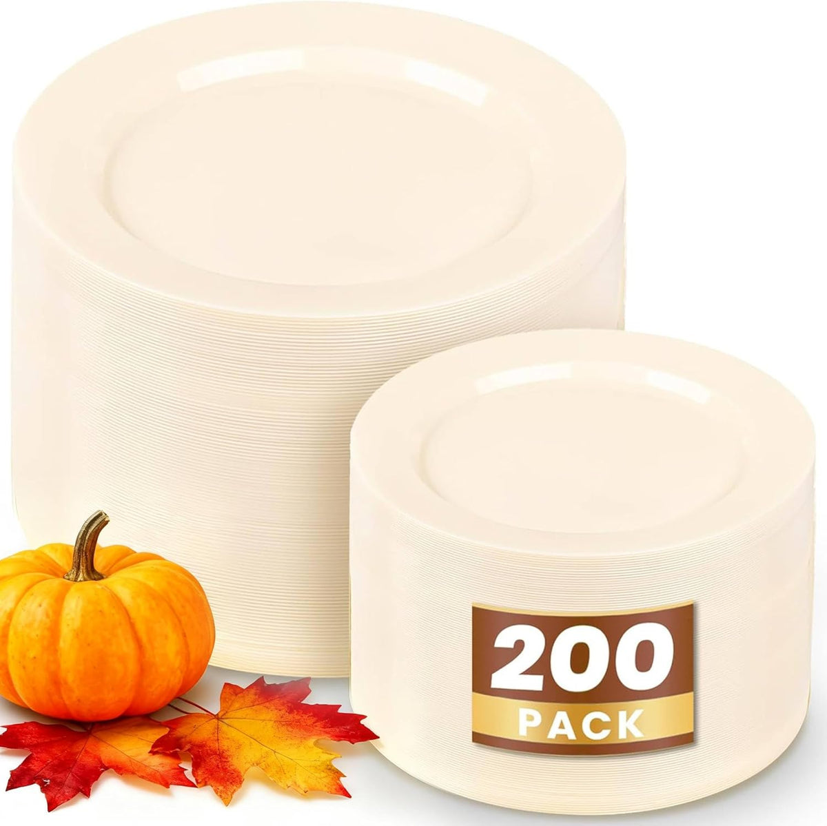 WDF 200PCS Ivory Plastic Plates - Elegant Ivory Disposable Plates for Party- Include 100 Dinner Plate 10’’ and 100 Plastic Dessert Plate 7’’ Perfect for Thanksgiving/Wedding/Party/BirthdayBaby Shower