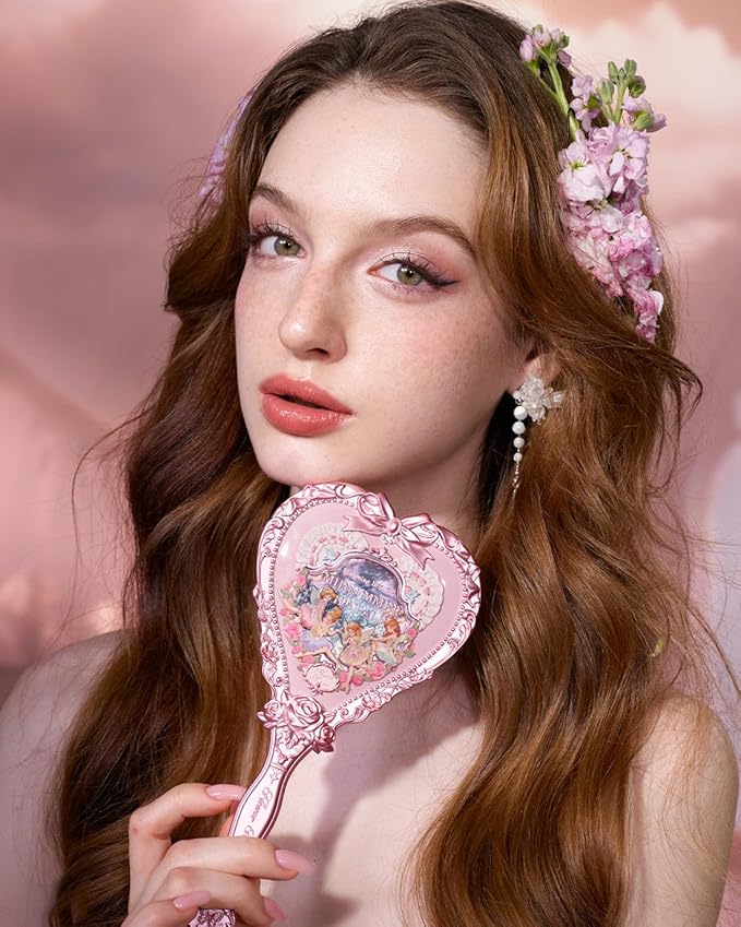 Flower Knows Midsummer Fairytales Hand Mirror,Vintage Heart Handheld Mirror,Fancy & Pretty Princess Handheld Mirror with Long Handle,Gift for Girls & Women(Milky Pink)