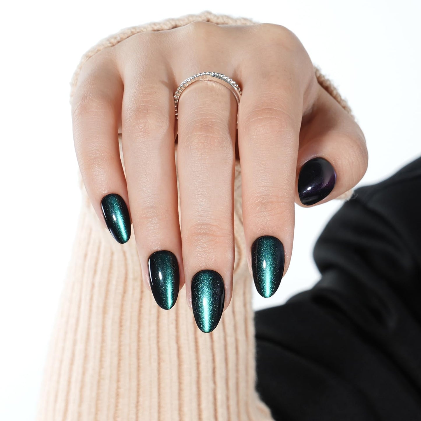 Emerald Green Cat Eye Press On Nails, Short Almond Green Nails Press Ons for Women Fake Nails with Glue, Glossy Reusable Glue on Nail in 16 Sizes - 32pcs