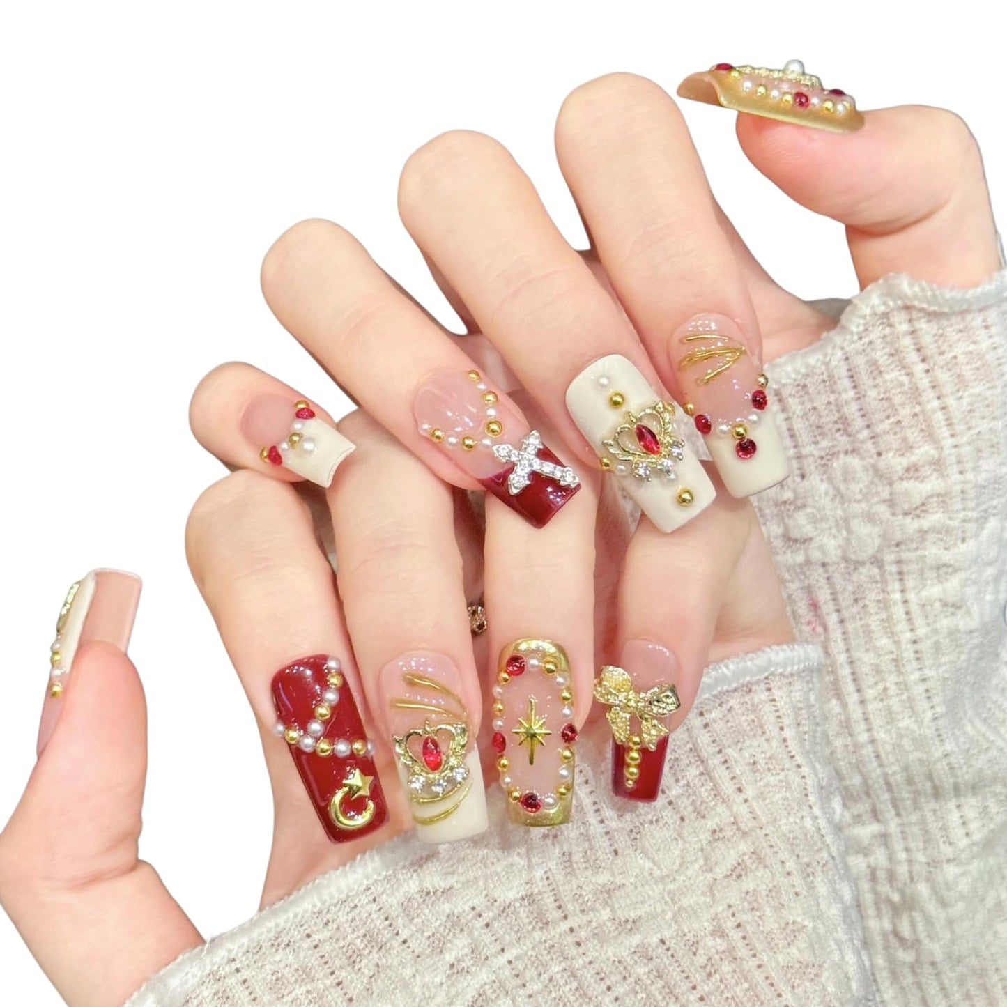Tesytto Handmade Press on Nails Coffin Shape Glossy Reusable False Nails for Nail Art (Red Gold Classic, S)