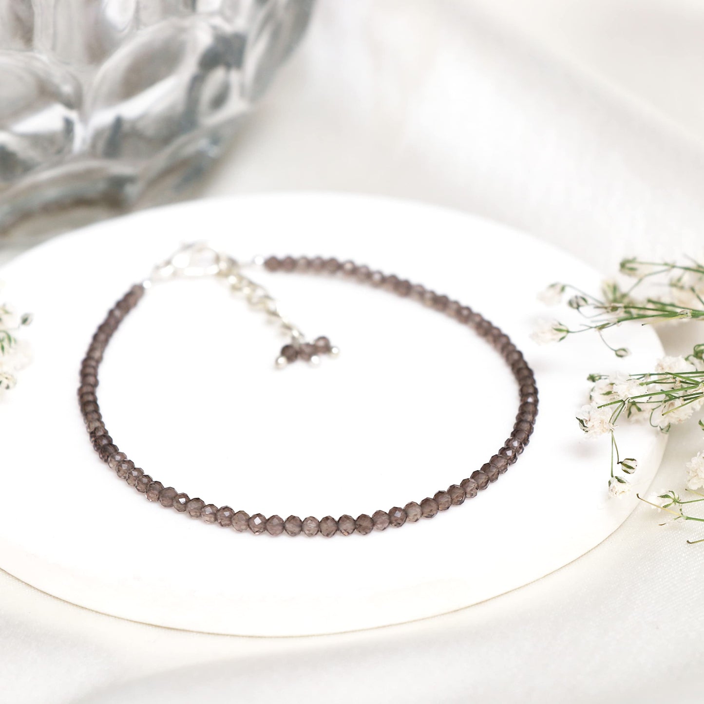 Gempires Smoky Quartz Bracelet for Women | Handmade Dainty Gemstone Beaded Bracelet 2.5 mm | Adjustable Silver Plated Minimalist Jewelry | Lightweight Everyday Bracelet | Elegant Gift for Her