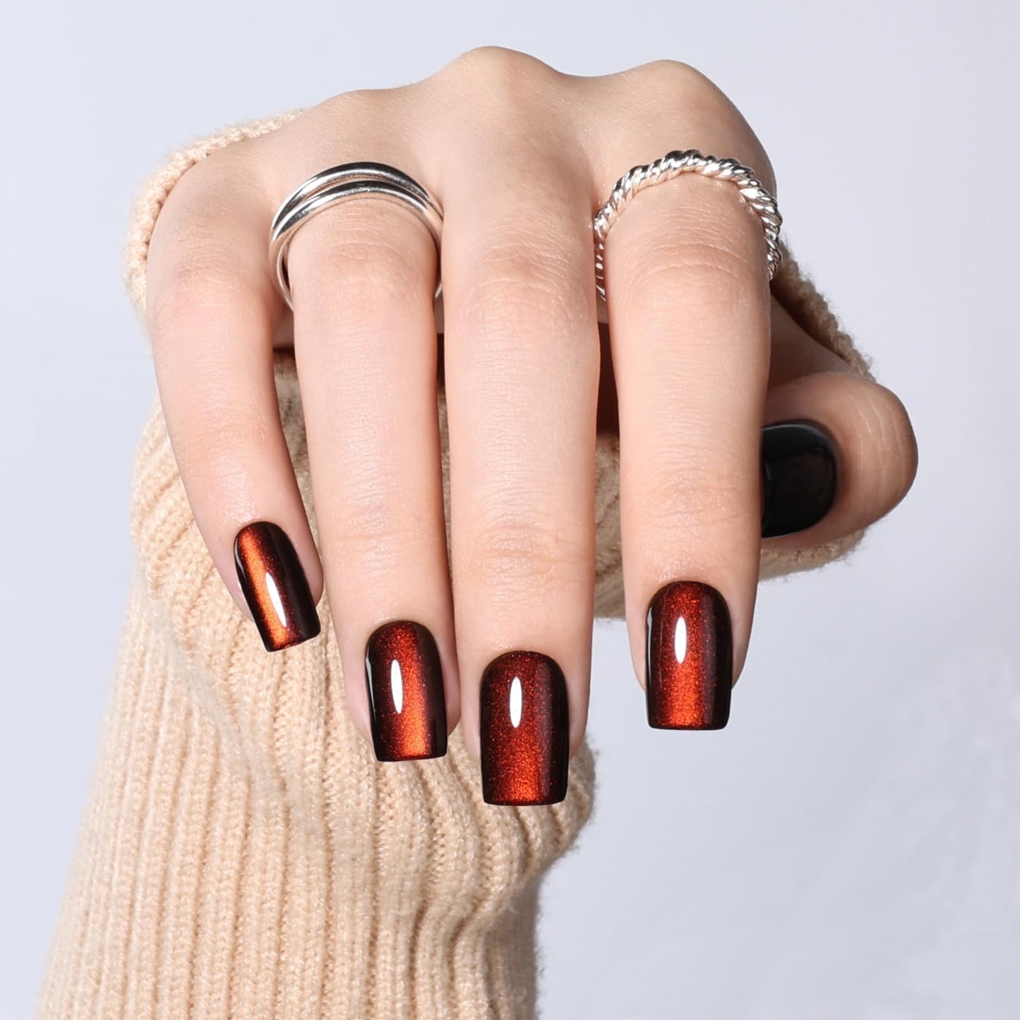 Red Brown Cat Eye Press On Nails - Short Square Cat Eye Nails Press Ons for Women Fake Nails with Glue, Glossy Reusable Glue on Nail in 16 Sizes - 32pcs