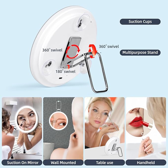 Rechargeable 30X LED Magnifying Mirror with 3 Colors Modes Dimming Light, 6" Makeup Mirror with 3 Suction Cups and 360 Table Stand