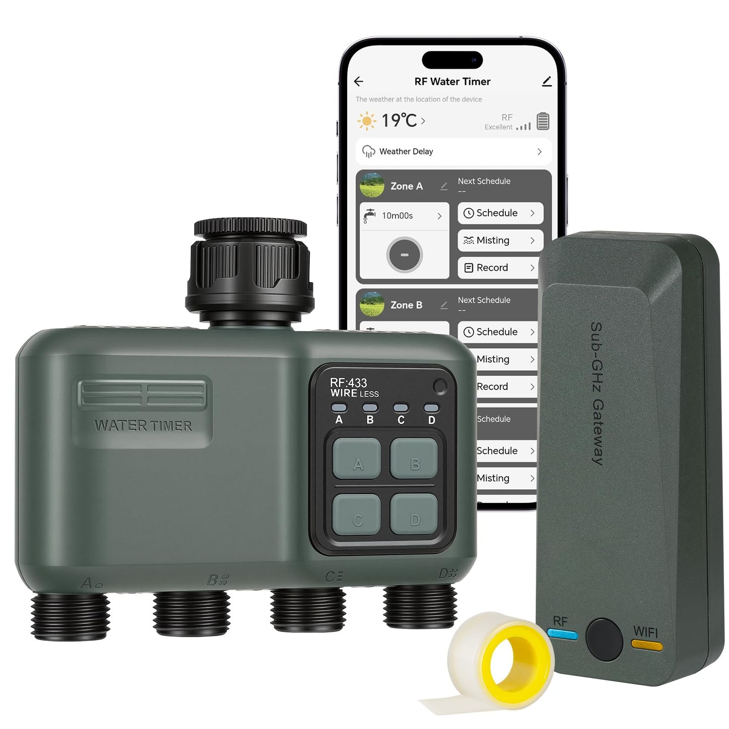 WILAWELS WiFi Water Timer for Garden Hose, Sprinkler Timer 4 Zone, Smart Hose Water with WiFi Irrigation Controller,Voice Control RF433 Automatic Irrigation System/Rain Delay/Manual Watering D34WT06