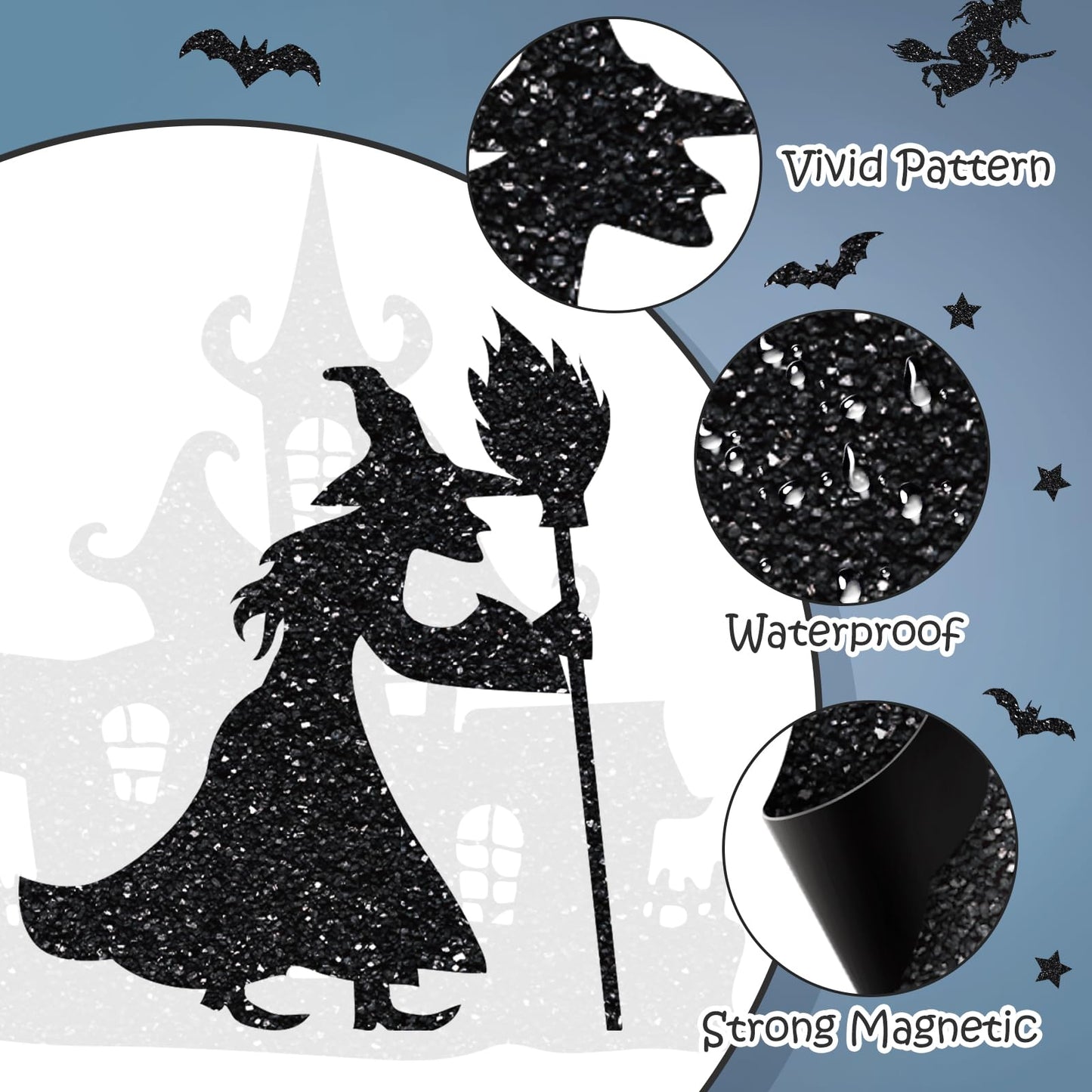24PCS Glitter Black Halloween Witch Bats Magnetic Stickers Spider Web Castle Refrigerator Decal Outdoor Magnets for Fridge Garage Door Car Decor