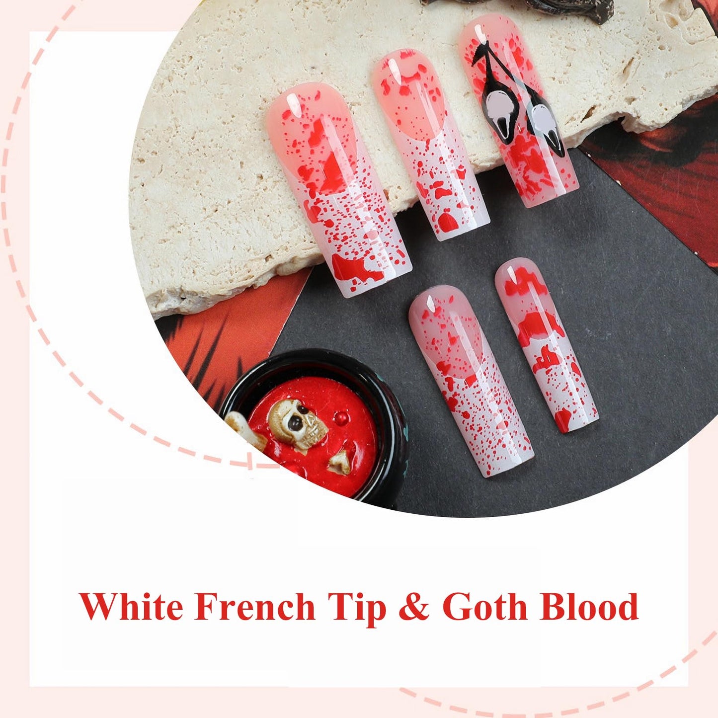 MISUD Press on Nails - Long Square Fake Nails with Goth Blood, Acrylic Gothic Ghost Design 24 pcs