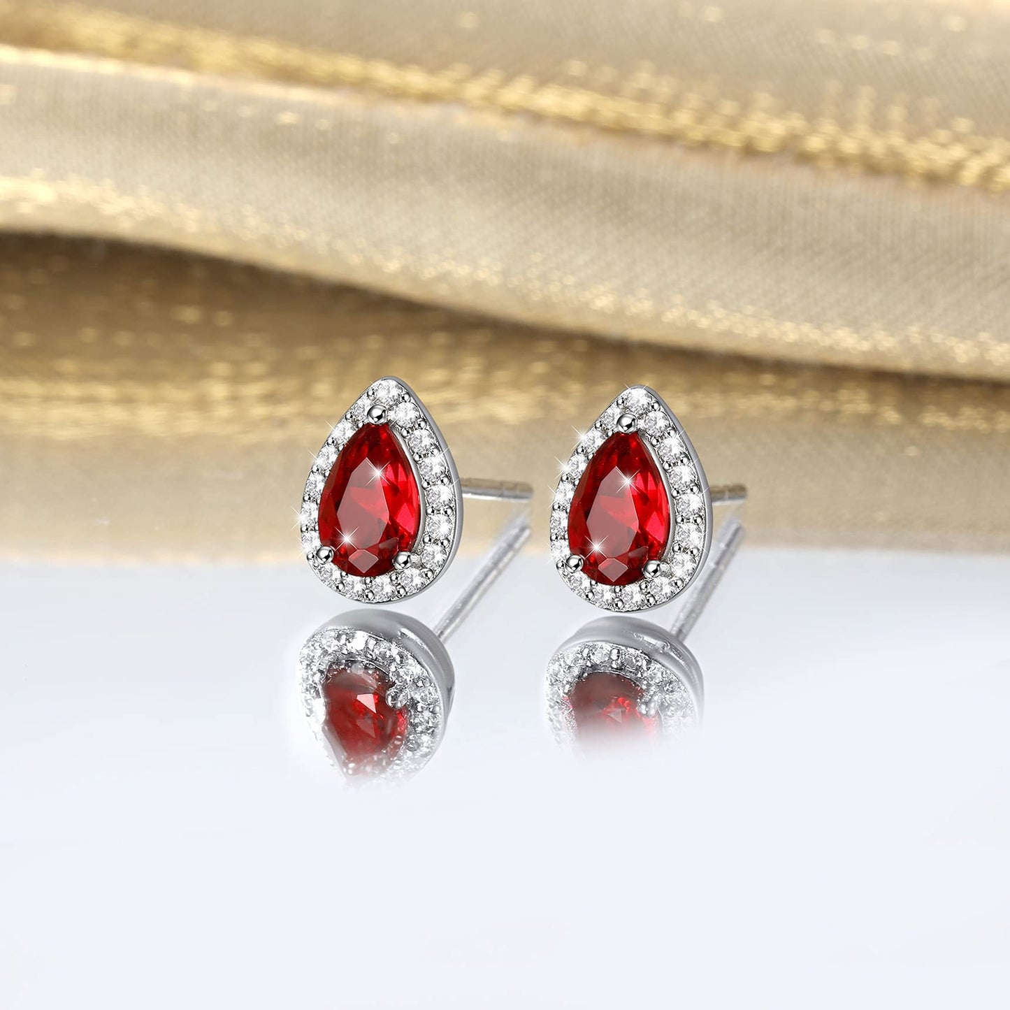 Bestyle 925 Sterling Silver Love Teardrop Cut Cubic Zirconia Stud Earrings, Brilliant Created July Ruby CZ Birthstone Earrings for Women